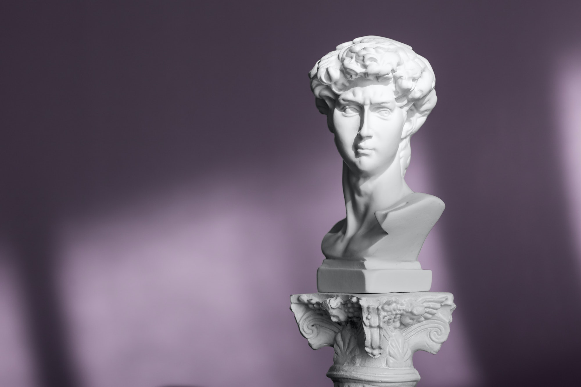 White marble head of young man, head of famous statue by Michelangelo - David from Florence. Gypsum